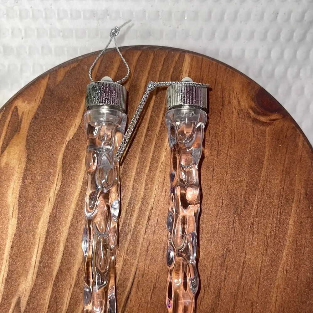 2 VTG Acrylic Plastic Icicle Christmas Ornaments Clear White Iridescent Twist